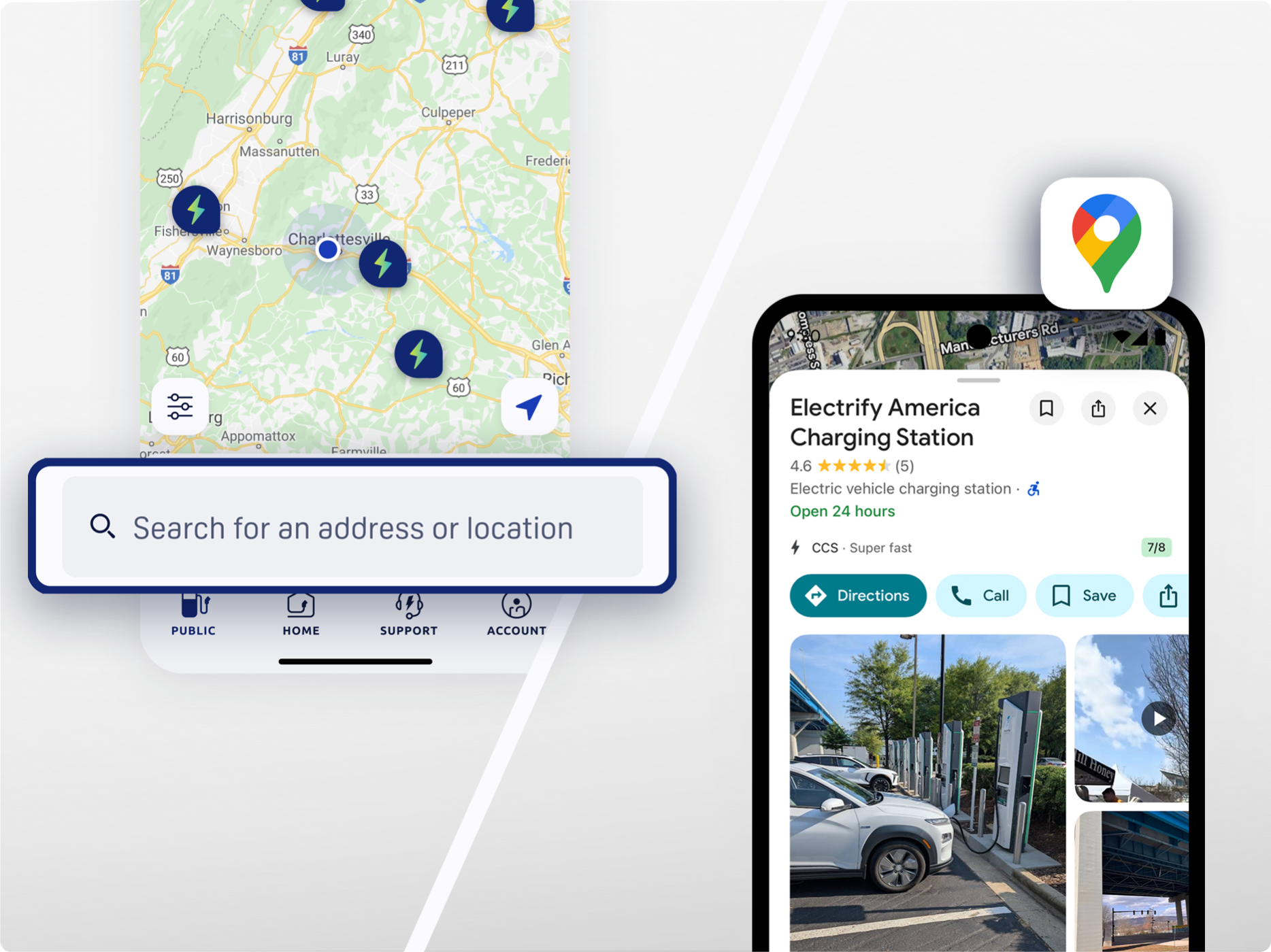 Station search in the Electrify America app and the station on Google Maps