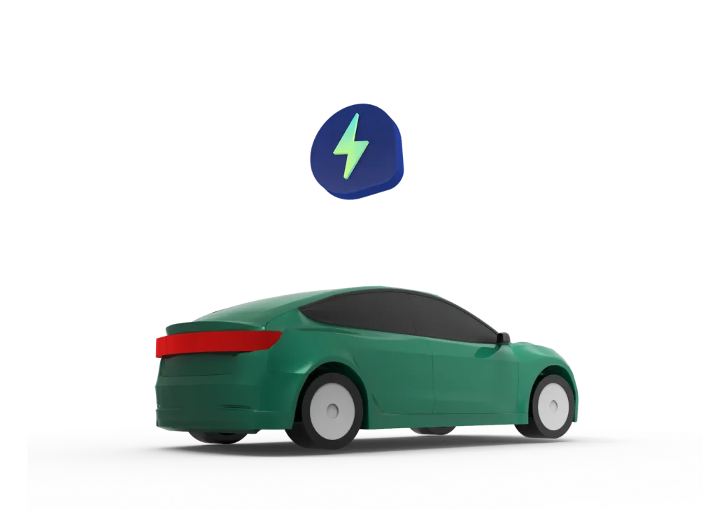 This image displays a green electric vehicle with an Electrify America logo pin above it