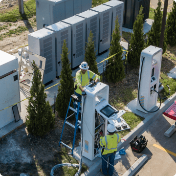 An Electrify America charging station with battery energy storage system.