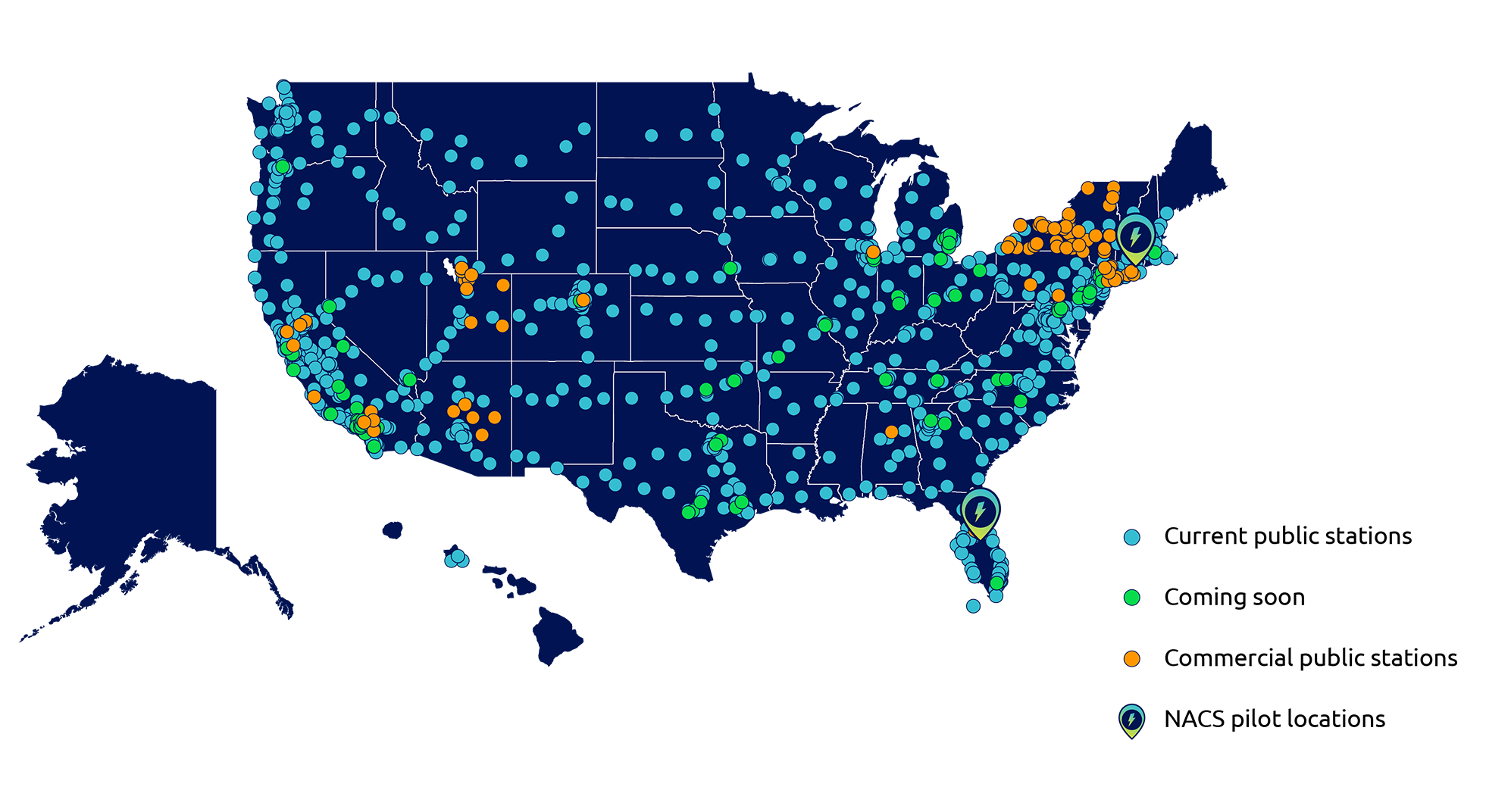 Map displaying charger locations around the United States