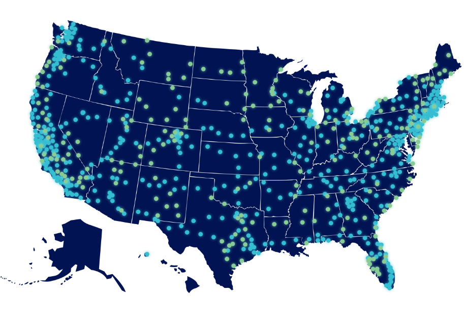Map displaying charger locations around the United States
