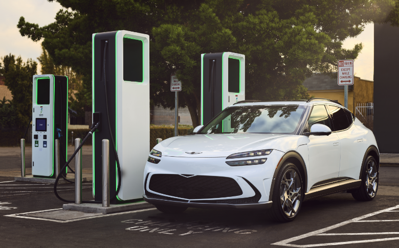 Electrify America charging stations at dusk