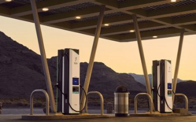 Electrify America charging stations at dusk