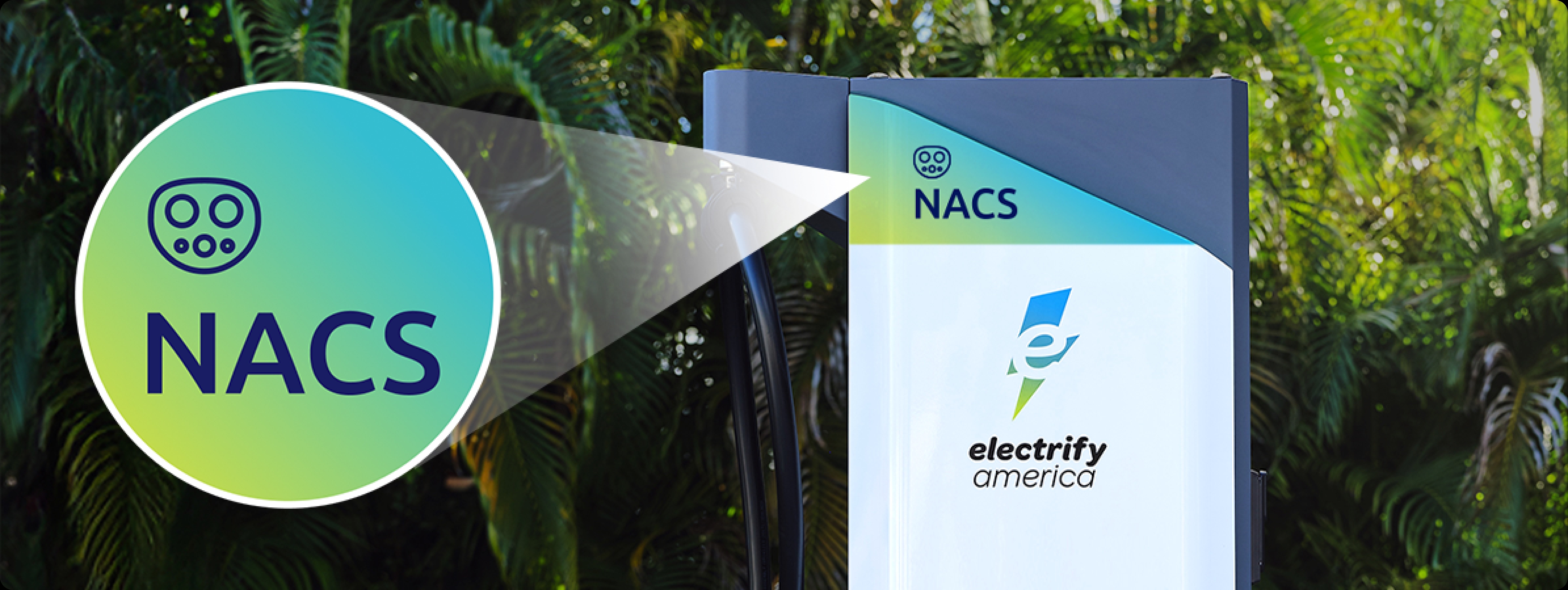 EV Charger with NACS prominently displayed at the top of the unit.