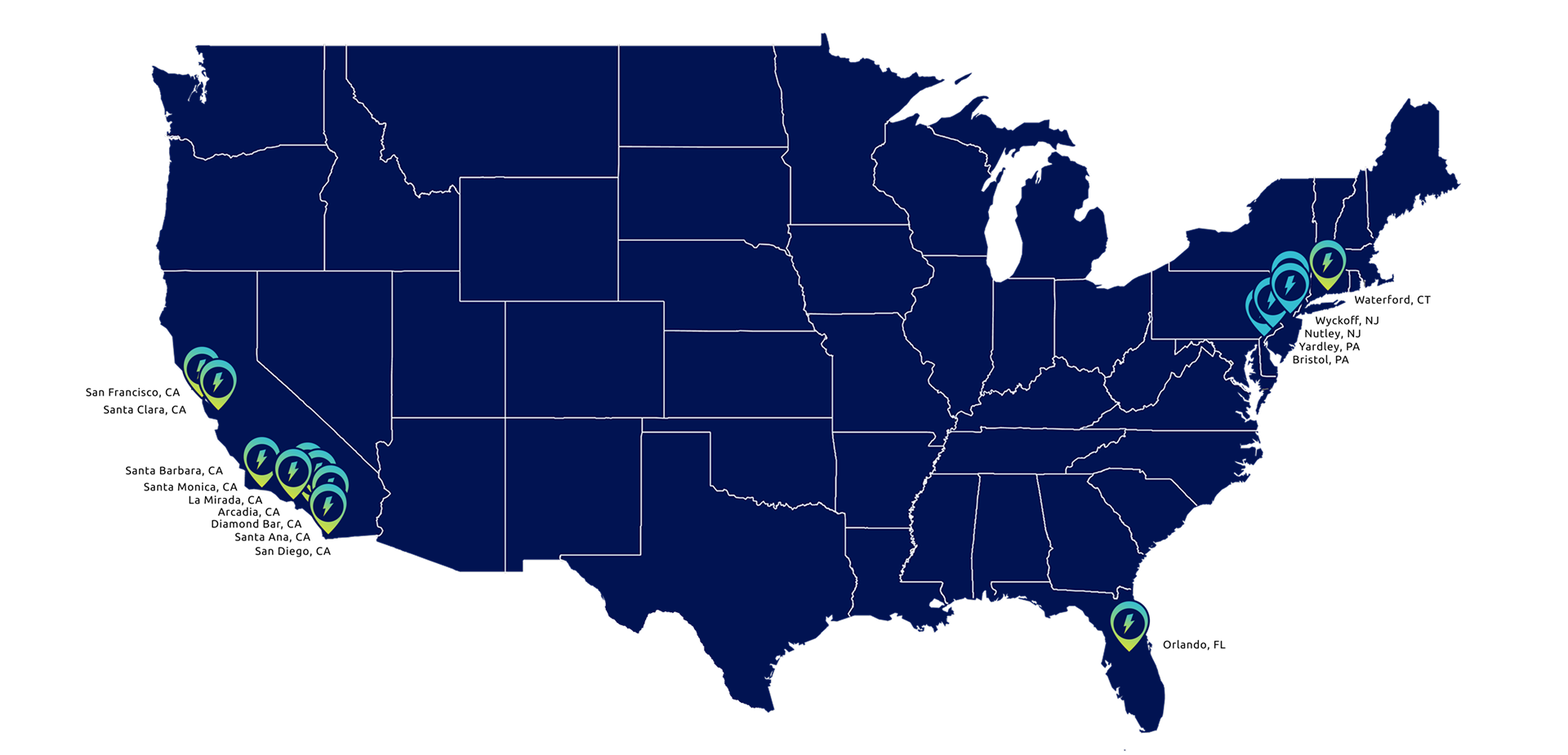 Map of the United States with a pin on the listed stations