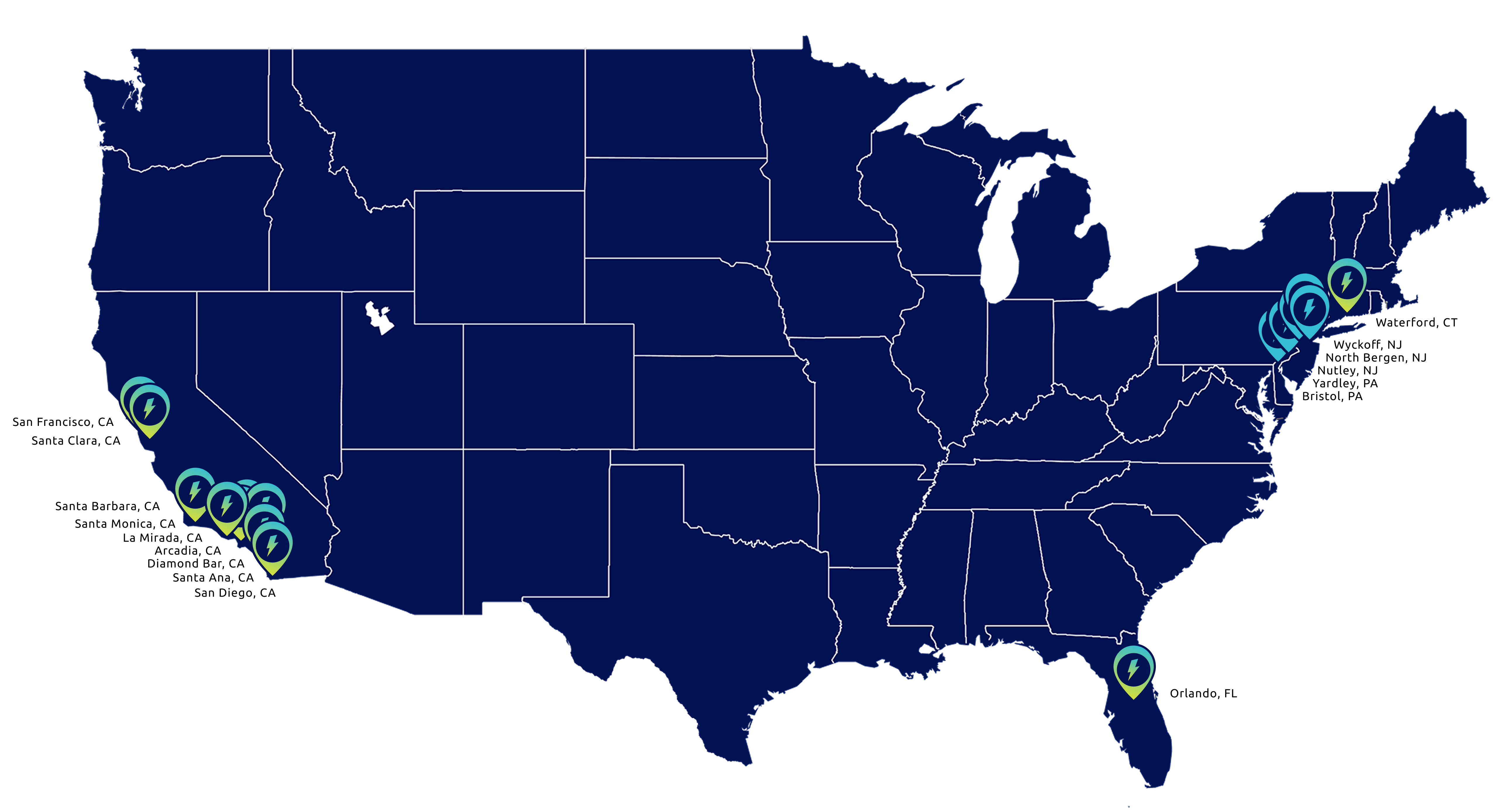 Map of the United States with a pin on the listed stations