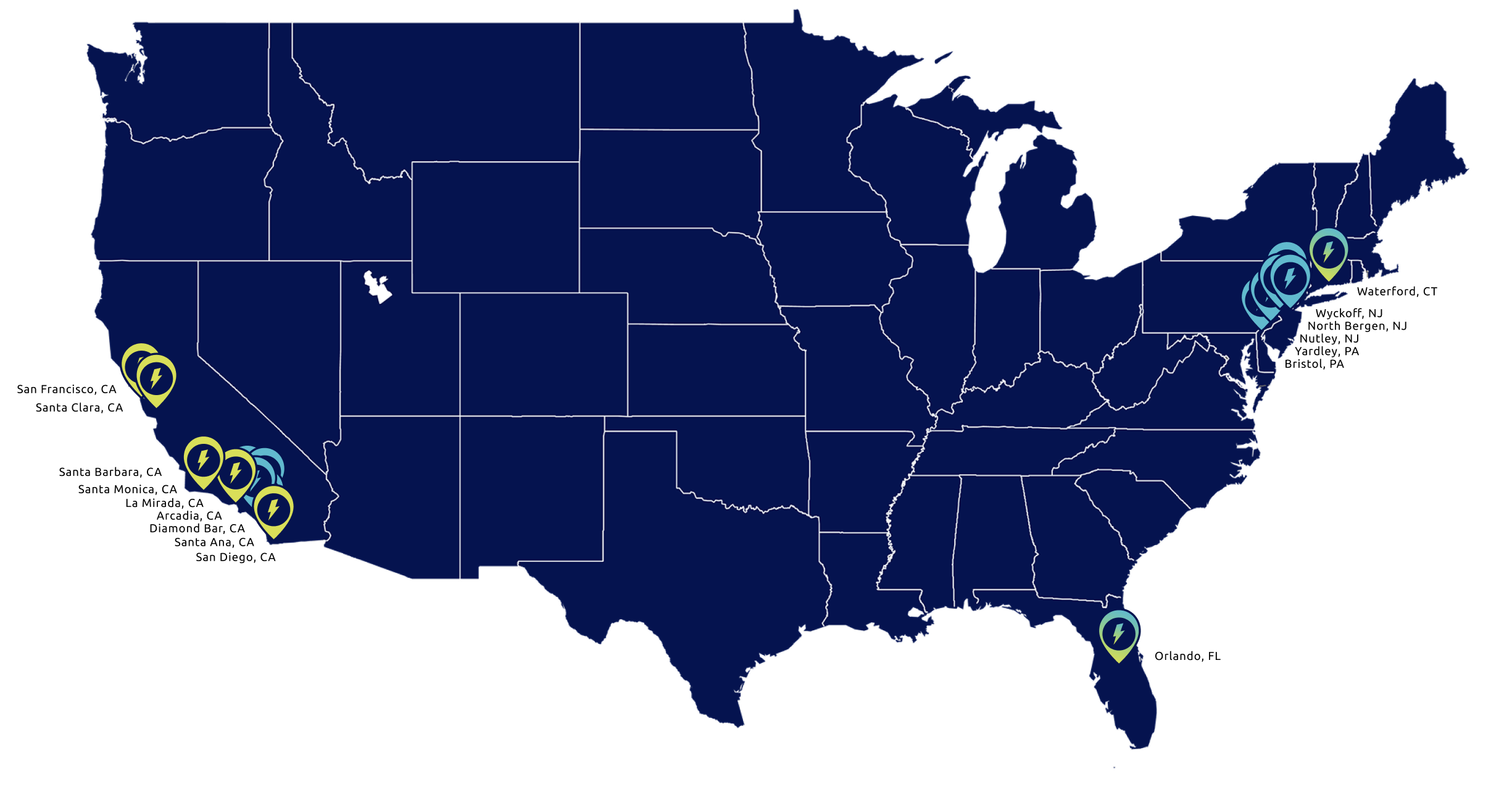 Map of the United States with a pin on the listed stations