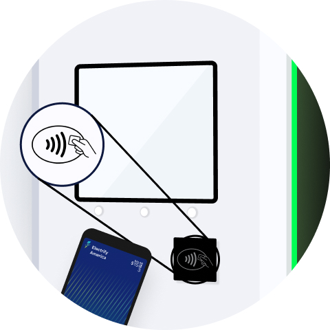 Diagram showing how to tap a smartphone to the charging station’s RFID reader.