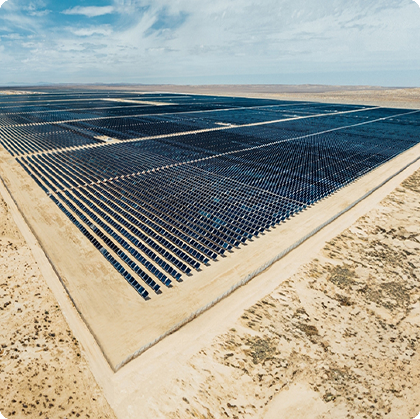 Large solar energy field in a desert with bright sunlight