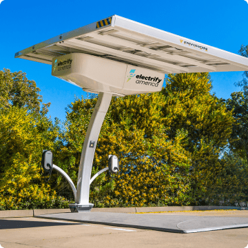An Electrify America solar L2 station with chargers for two vehicles.